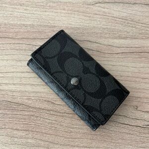 Coach Signature key holder Black Leather card Wallet